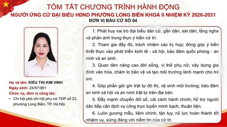 Tổng hợp tóm tắt chương trình hành động của các ứng cử viên đại biểu HĐND phường Long Biên nhiệm kỳ 2026 - 2031- Ảnh 32.