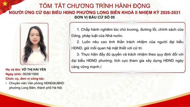 Tổng hợp tóm tắt chương trình hành động của các ứng cử viên đại biểu HĐND phường Long Biên nhiệm kỳ 2026 - 2031- Ảnh 41.