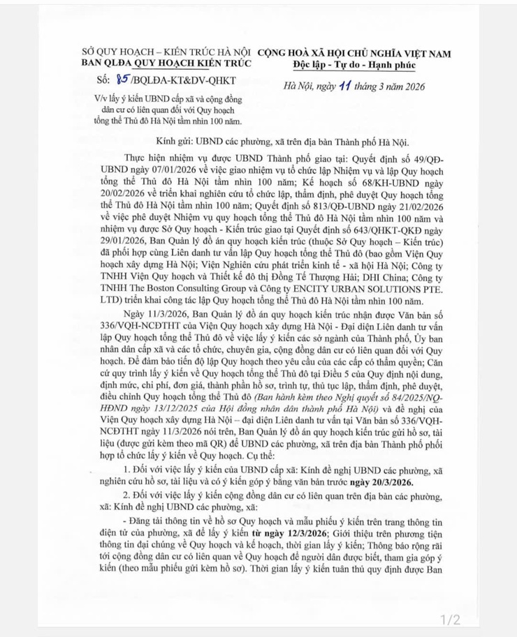 Công văn lấy ý kiến UBND cấp xã và cộng đồng dân cư có liên quan đối với quy hoạch tổng thể Thủ đô Hà Nội tầm nhìn 100 năm- Ảnh 1.