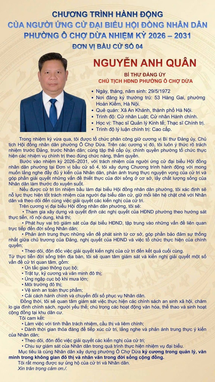 Chương trình hành động và tiểu sử tóm tắt của đồng chí Nguyễn Anh Quân- ứng cử đại biểu HĐND Phường Ô Chợ Dừa, nhiệm kỳ 2026- 2031- Ảnh 1.