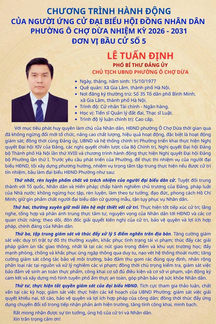 Chương trình hành động và tiểu sử tóm tắt của đồng chí Lê Tuấn Định- ứng cử đại biểu HĐND Phường Ô Chợ Dừa, nhiệm kỳ 2026- 2031- Ảnh 1.