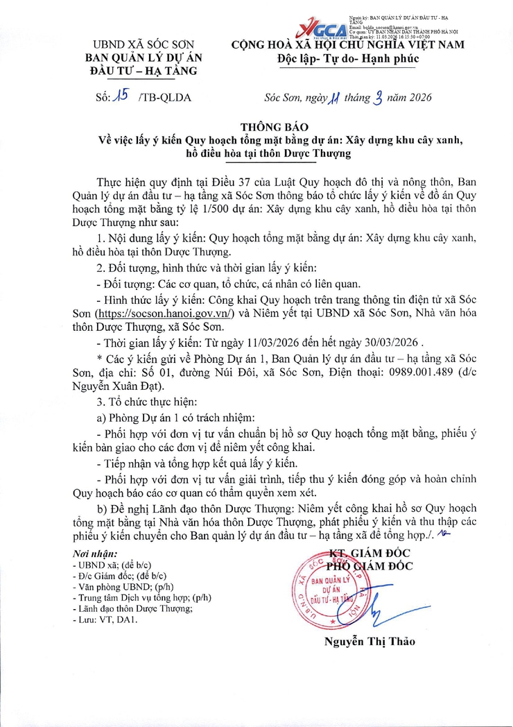 THÔNG BÁO LẤY Ý KIẾN QUY HOẠCH TỔNG MẶT BẰNG DỰ ÁN XÂY DỰNG KHU CÂY XANH, HỒ ĐIỀU HÒA TẠI THÔN DƯỢC THƯỢNG- Ảnh 1.