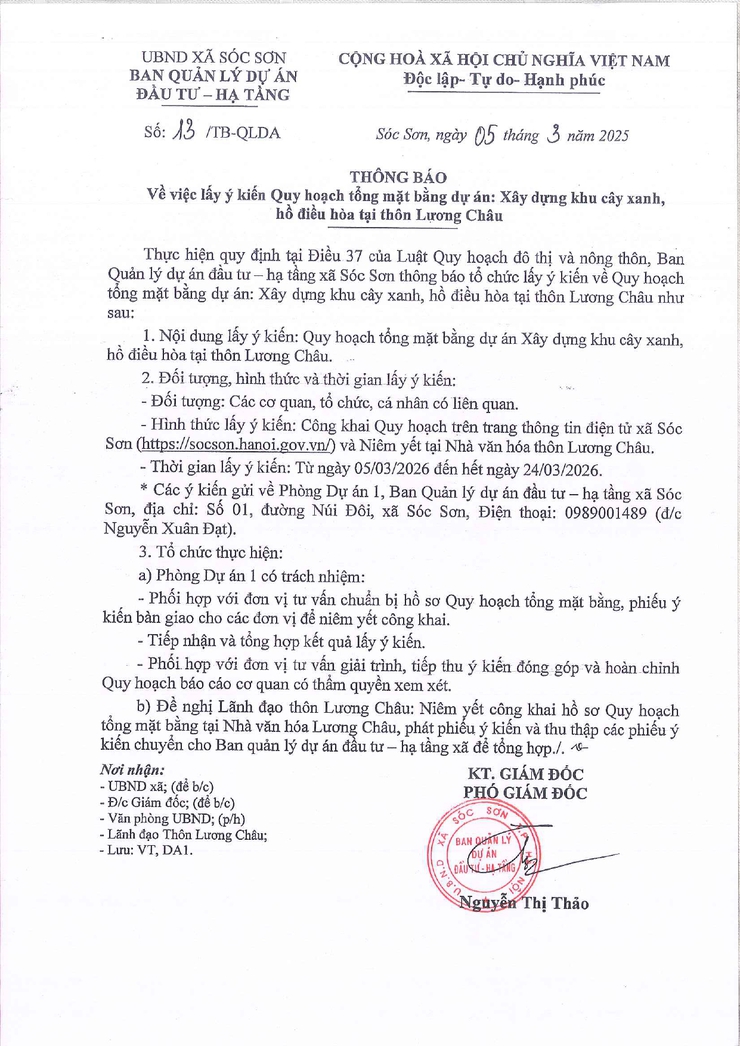 THÔNG BÁO LẤY Ý KIẾN QUY HOẠCH TỔNG MẶT BẰNG DỰ ÁN XÂY DỰNG KHU CÂY XANH, HỒ ĐIỀU HÒA TẠI THÔN LƯƠNG CHÂU, XÃ SÓC SƠN- Ảnh 1.