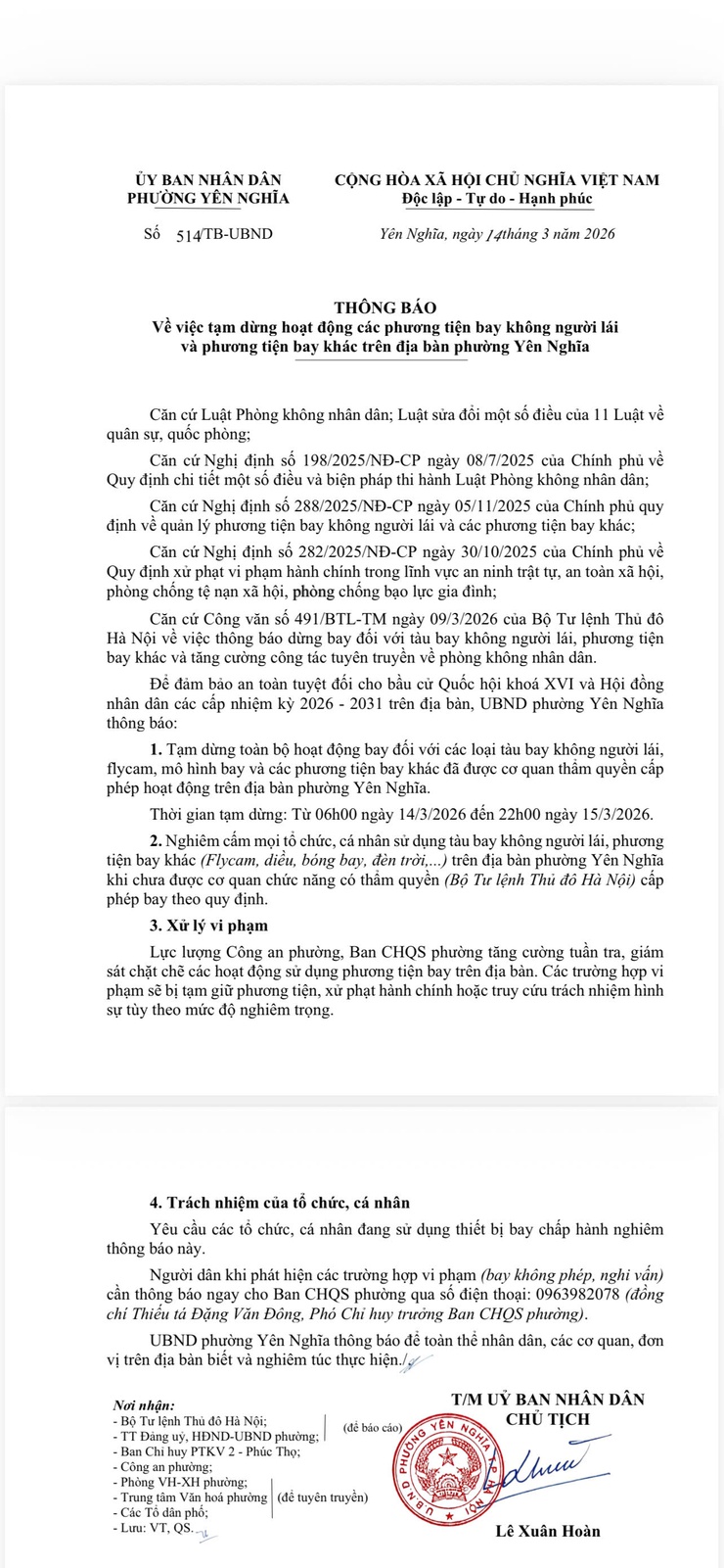 Thông báo về việc tạm dừng các phương tiện bay không người lái và phương tiện bay khác trên địa bàn phường Yên Nghĩa- Ảnh 1.