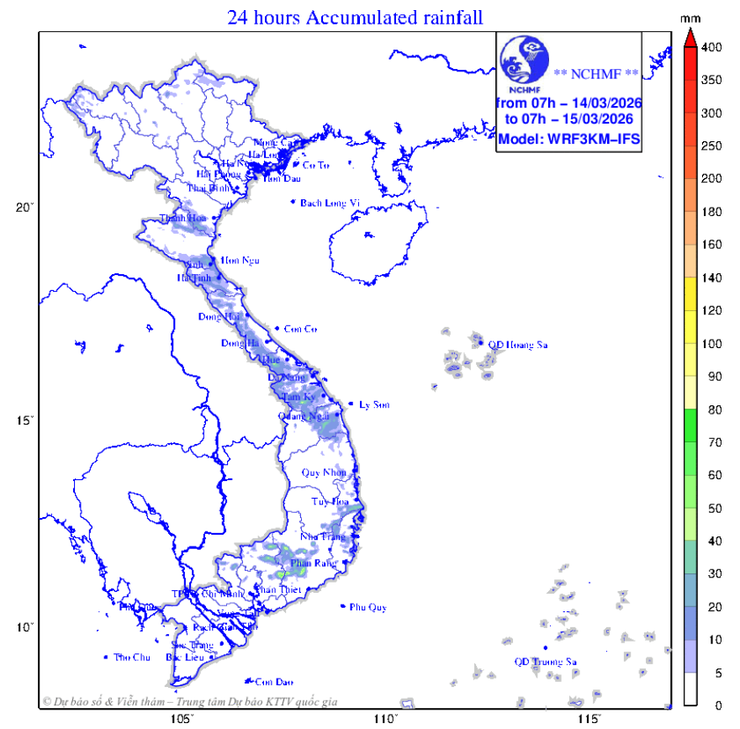 Ngày 14/3,Hà Nội: nhiều mây, có mưa vài nơi, riêng nửa đêm trở về sáng có mưa nhỏ, mưa phùn và sương mù. Sáng sớm và đêm trời lạnh.- Ảnh 1.