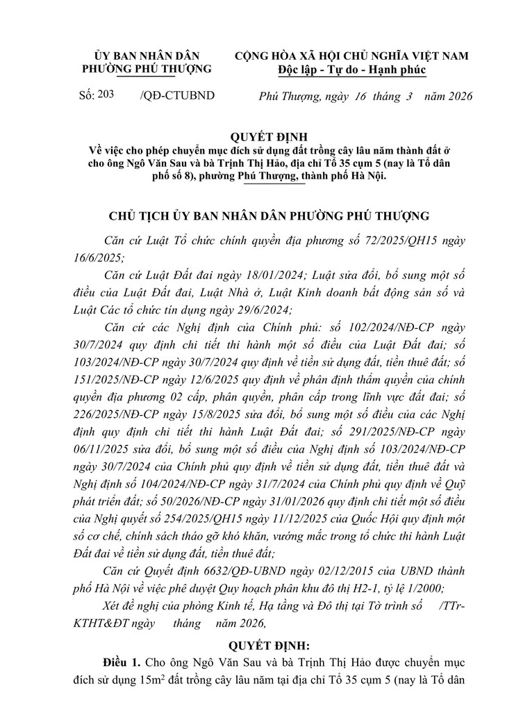 Công khai quyết định về việc chuyển mục đích sử dụng đất tại Phường Phú Thượng- Ảnh 1.