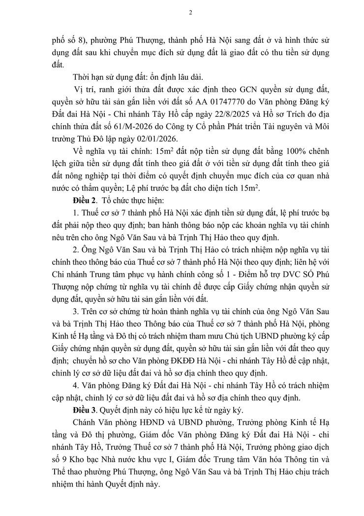 Công khai quyết định về việc chuyển mục đích sử dụng đất tại Phường Phú Thượng- Ảnh 2.