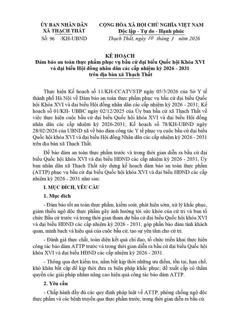 Kế hoạch đảm bảo an toàn thực phẩm phục vụ bầu cử đại biểu Quốc hội và đại biểu Hội đồng nhân dân các cấp nhiệm kỳ 2026 - 2031 trên địa bàn xã Thạch Thất- Ảnh 1.