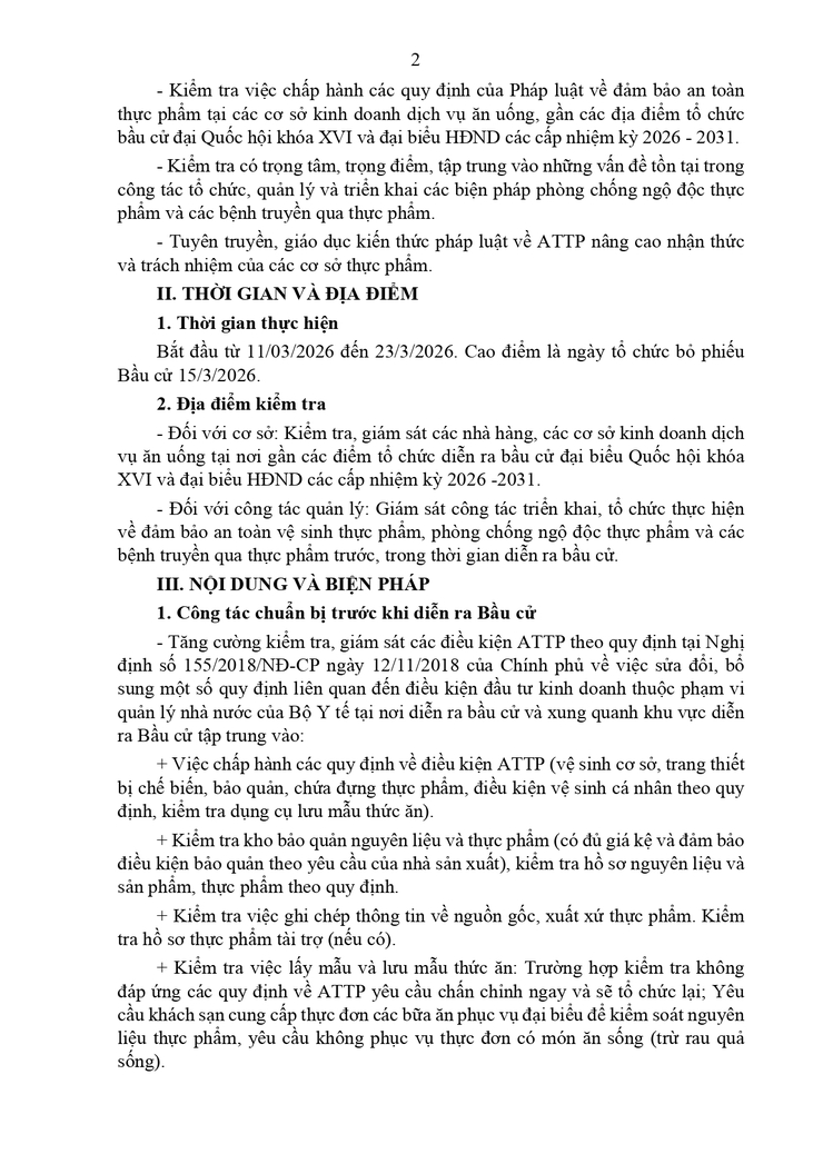 Kế hoạch đảm bảo an toàn thực phẩm phục vụ bầu cử đại biểu Quốc hội và đại biểu Hội đồng nhân dân các cấp nhiệm kỳ 2026 - 2031 trên địa bàn xã Thạch Thất- Ảnh 2.