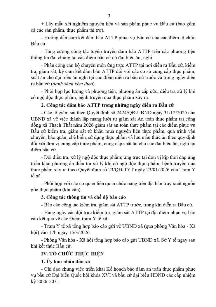 Kế hoạch đảm bảo an toàn thực phẩm phục vụ bầu cử đại biểu Quốc hội và đại biểu Hội đồng nhân dân các cấp nhiệm kỳ 2026 - 2031 trên địa bàn xã Thạch Thất- Ảnh 3.