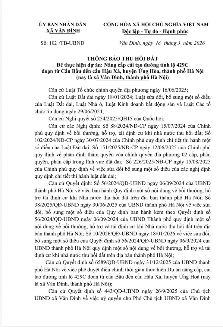 Thông báo thu hồi đất để thực hiện dự án: Nâng cấp cải tạo đường tỉnh lộ 429C đoạn từ Cầu Bầu đến cầu Hậu Xá, huyện Ứng Hòa, thành phố Hà Nội
(nay là xã Vân Đình, thành phố Hà Nội)- Ảnh 1.