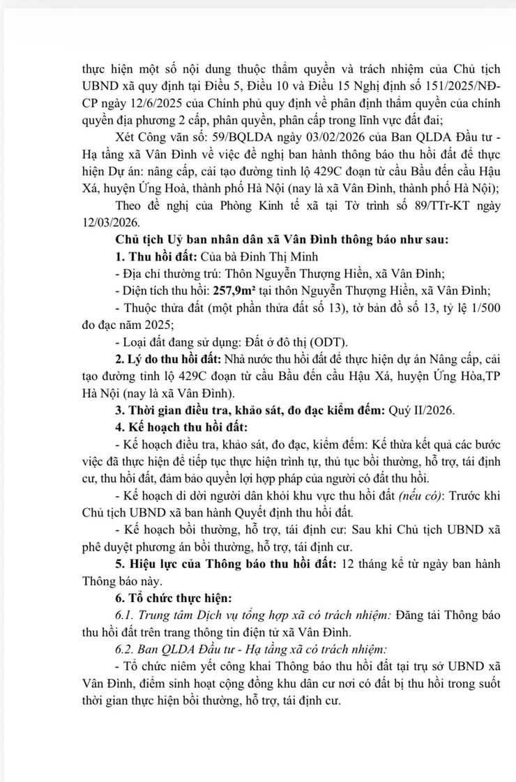 Thông báo thu hồi đất để thực hiện dự án: Nâng cấp cải tạo đường tỉnh lộ 429C đoạn từ Cầu Bầu đến cầu Hậu Xá, huyện Ứng Hòa, thành phố Hà Nội
(nay là xã Vân Đình, thành phố Hà Nội)- Ảnh 2.