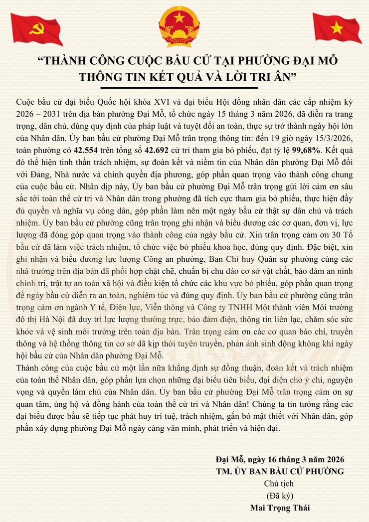 Thông cáo báo chí của Ủy ban Bầu cử phường Đại Mỗ về kết quả cuộc bầu cử đại biểu Quốc hội khóa XVI và đại biểu Hội đồng nhân dân các cấp nhiệm kỳ 2026-2031 trên địa bàn phường- Ảnh 1.