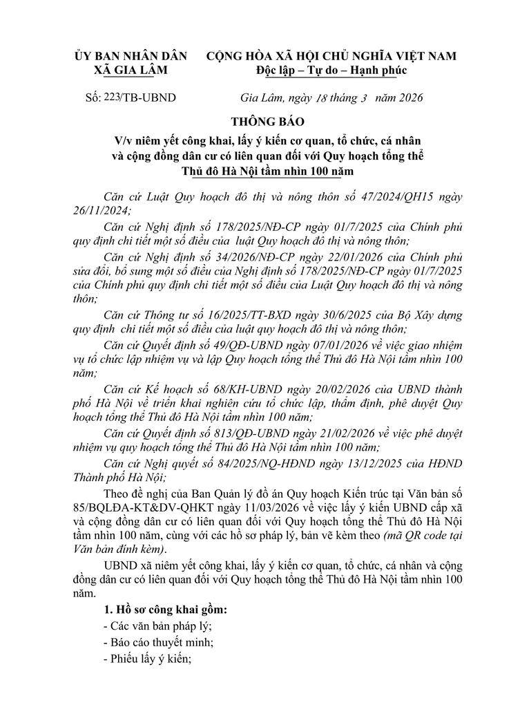 Thông báo V/v niêm yết công khai, lấy ý kiến cơ quan, tổ chức, cá nhân và cộng đồng dân cư có liên quan đối với Quy hoạch tổng thể Thủ đô Hà Nội tầm nhìn 100 năm- Ảnh 1.