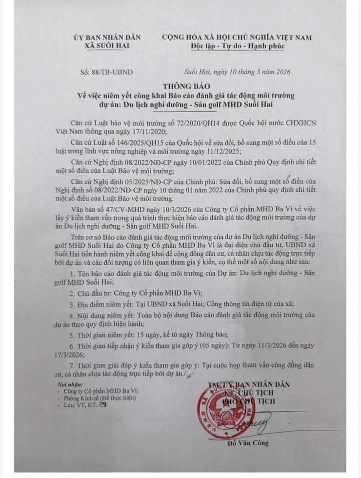 Lấy ý kiến tham vấn ĐTM Dự án Du lịch nghỉ dưỡng - Sân golf MHD Suối Hai- Ảnh 1.