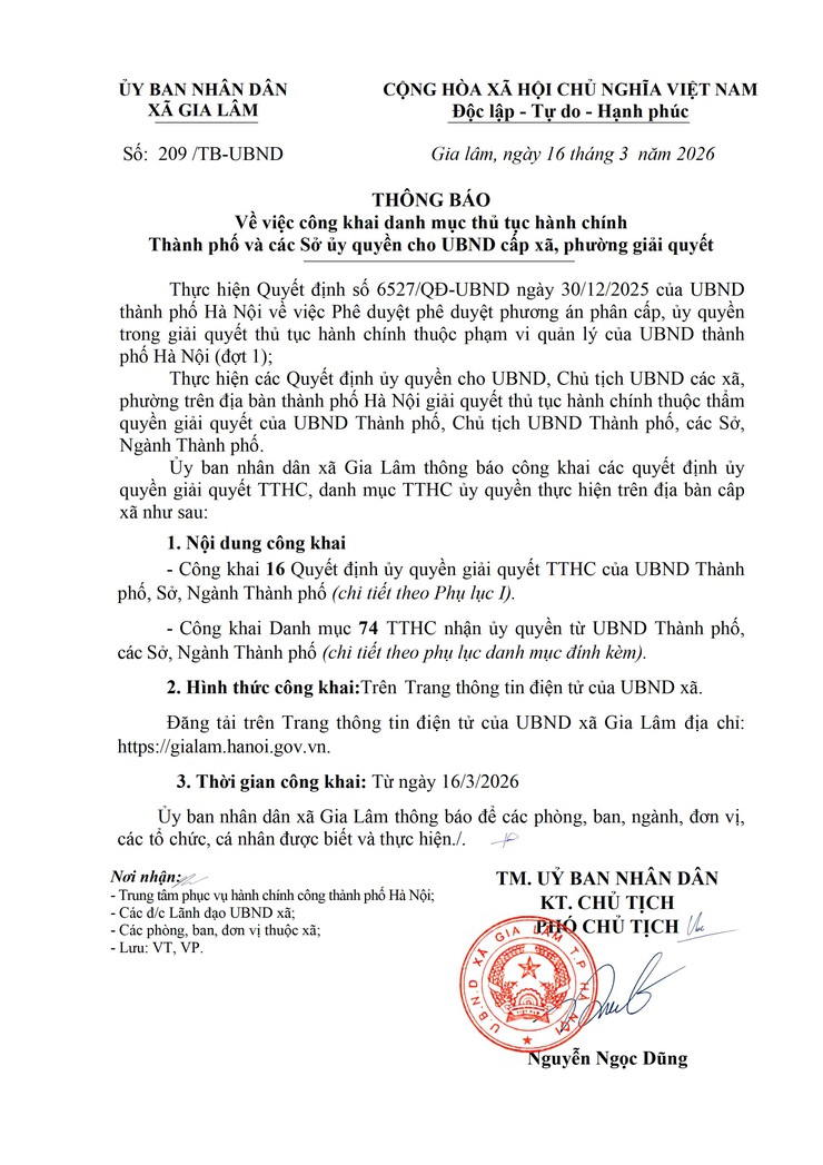 Thông báo về việc công khai danh mục thủ tục hành chính Thành phố và các Sở ủy quyền cho UBND cấp xã, phường giải quyết- Ảnh 1.