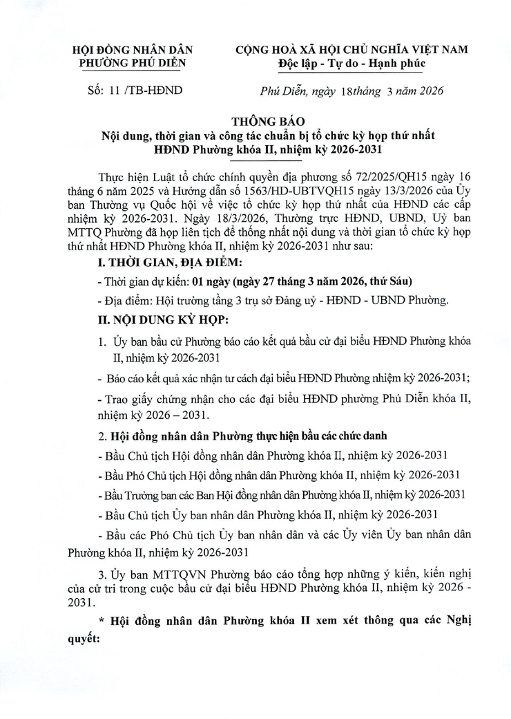 THÔNG BÁO NỘI DUNG, THỜI GIAN VÀ CÔNG TÁC CHUẨN BỊ TỔ CHỨC KỲ HỌP THỨ NHẤT HĐND PHƯỜNG KHÓA II, NHIỆM KỲ 2026-2031- Ảnh 1.