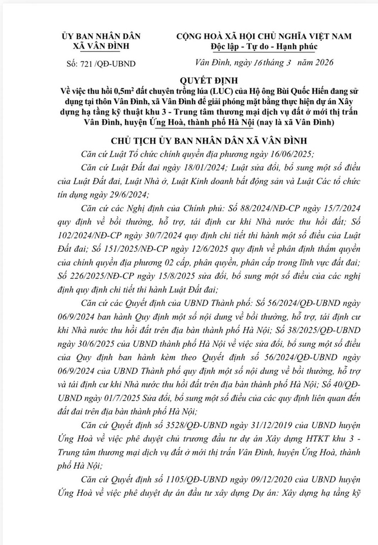 Quyết định về việc thu hồi 648,7m2 đất chuyên trồng lúa (LUC) để giải phóng mặt bằng thực hiện dự án
Xây dựng hạ tầng kỹ thuật khu 3 - Trung tâm thương mại- Ảnh 1.