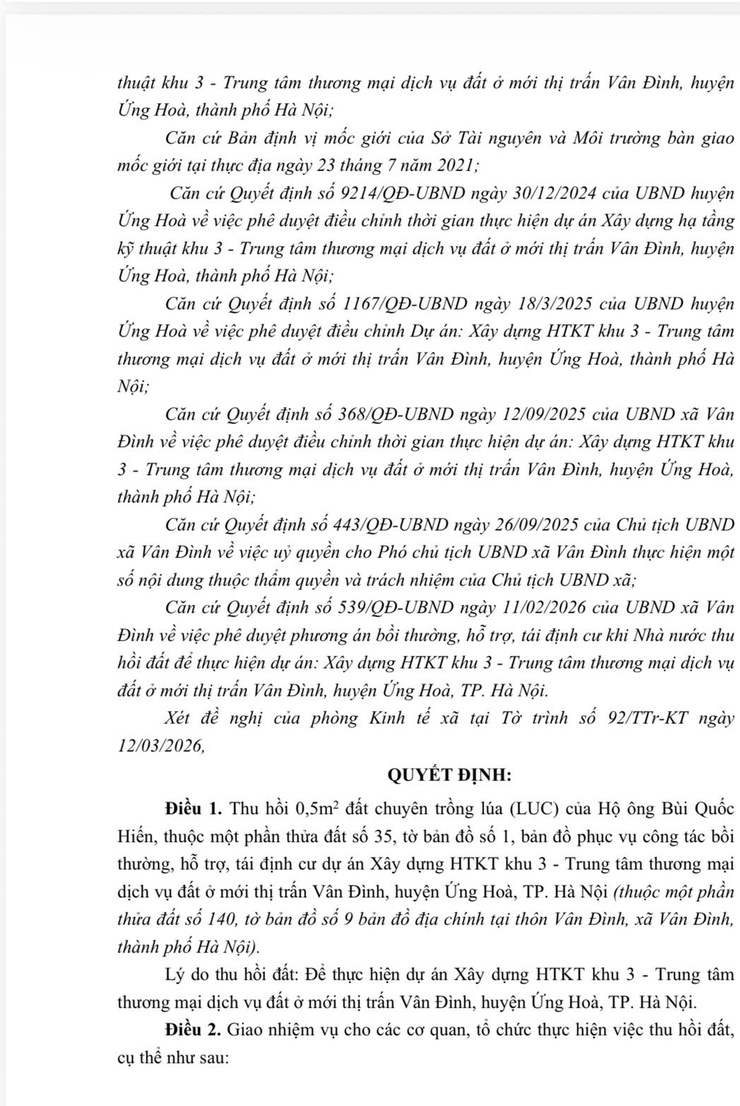 Quyết định về việc thu hồi 183,92m2 đất chuyên trồng lúa (LUC) để giải phóng mặt bằng thực hiện dự án
Xây dựng hạ tầng kỹ thuật khu 3 - Trung tâm thương mại- Ảnh 2.
