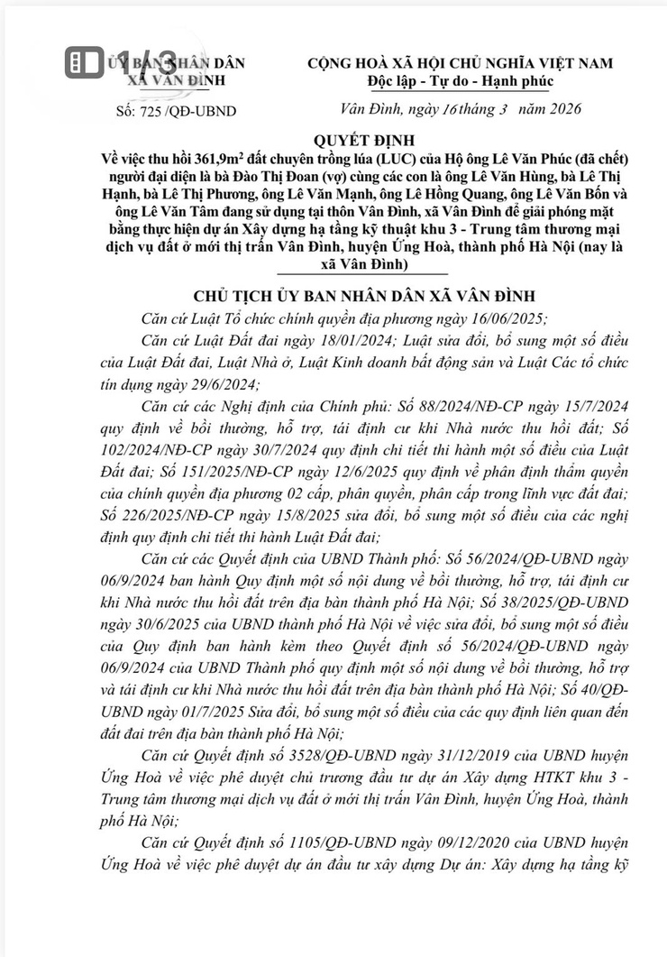 Quyết định về việc thu hồi 361,9m2 đất chuyên trồng lúa (LUC) để giải phóng mặt bằng thực hiện dự án Xây dựng hạ tầng kỹ thuật khu 3 - Trung tâm thương mại- Ảnh 1.