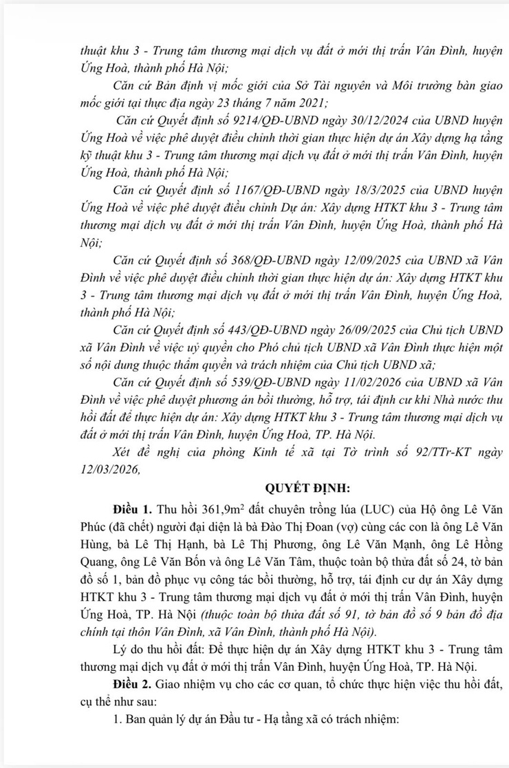 Quyết định về việc thu hồi 361,9m2 đất chuyên trồng lúa (LUC) để giải phóng mặt bằng thực hiện dự án Xây dựng hạ tầng kỹ thuật khu 3 - Trung tâm thương mại- Ảnh 2.