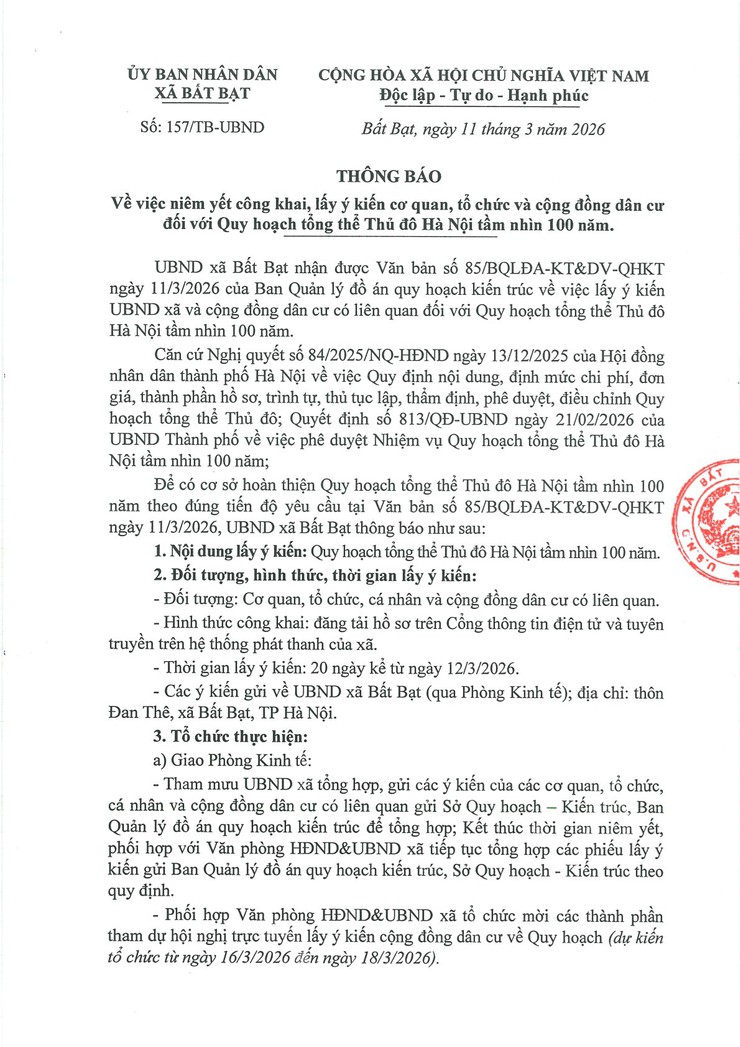 UBND xã Bất Bạt Về việc niêm yết công khai, lấy ý kiến cơ quan, tổ chức và cộng đồng dân cư đối với Quy hoạch tổng thể Thủ đô Hà Nội tầm nhìn 100 năm- Ảnh 1.