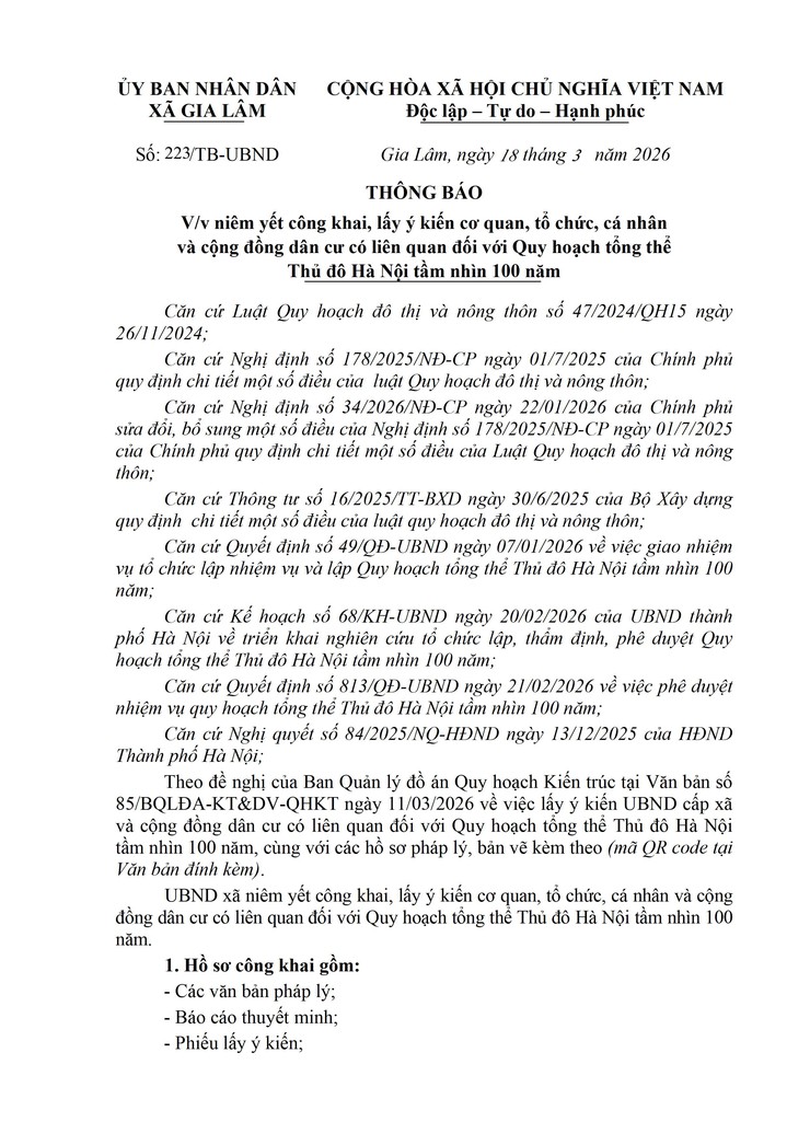 Thông báo về việc niêm yết công khai, lấy ý kiến cơ quan, tổ chức, cá nhân và cộng đồng dân cư có liên quan đối với Quy hoạch tổng thể Thủ đô Hà Nội tầm nhìn 100 năm- Ảnh 1.