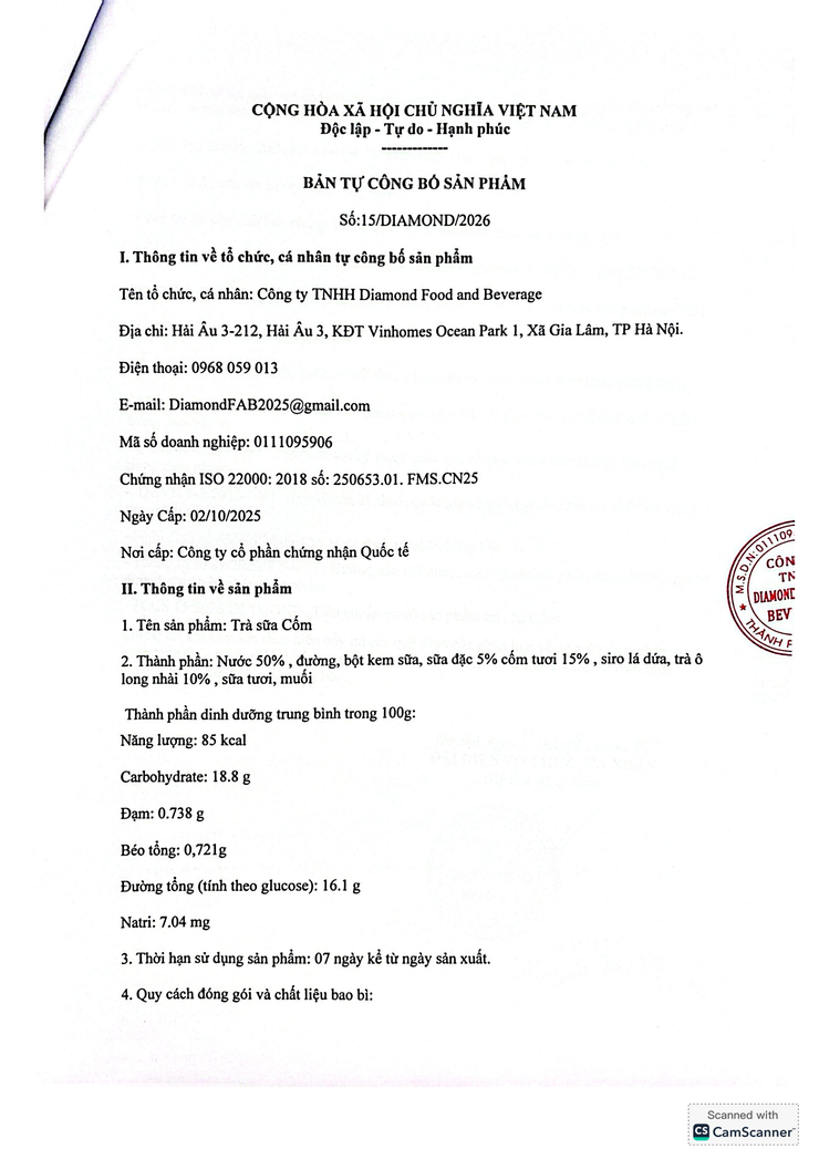 Bản tự công bố sản phẩm Trà sữa cốm- Ảnh 6.