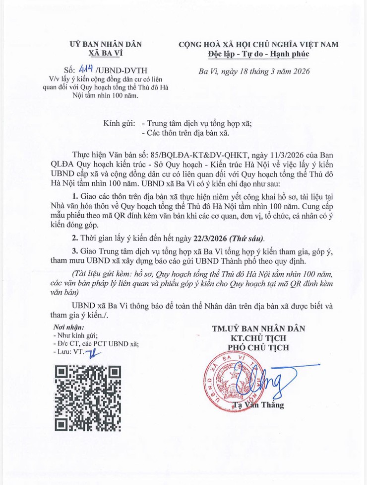 XÃ BA VÌ THỰC HIỆN LẤY Ý KIẾN NHÂN DÂN VỀ QUY HOẠCH TỔNG THỂ THỦ ĐÔ HÀ NỘI TẦM NHÌN 100 NĂM- Ảnh 1.
