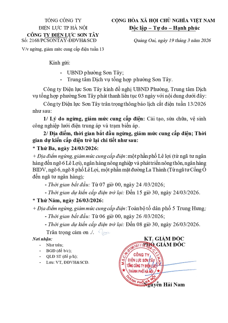 Về việc ngừng, giảm mức cung cấp điện tuần 13 của Công ty Điện lực Sơn Tây- Ảnh 1.