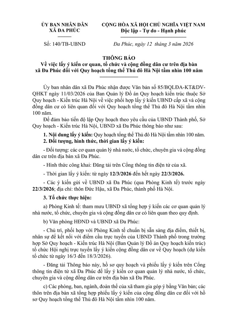 Thông báo lấy ý kiến cơ quan, tổ chức và cộng đồng dân cư trên địa bàn xã Đa Phúc đối với Quy hoạch tổng thể Thủ đô Hà Nội tầm nhìn 100 năm- Ảnh 1.
