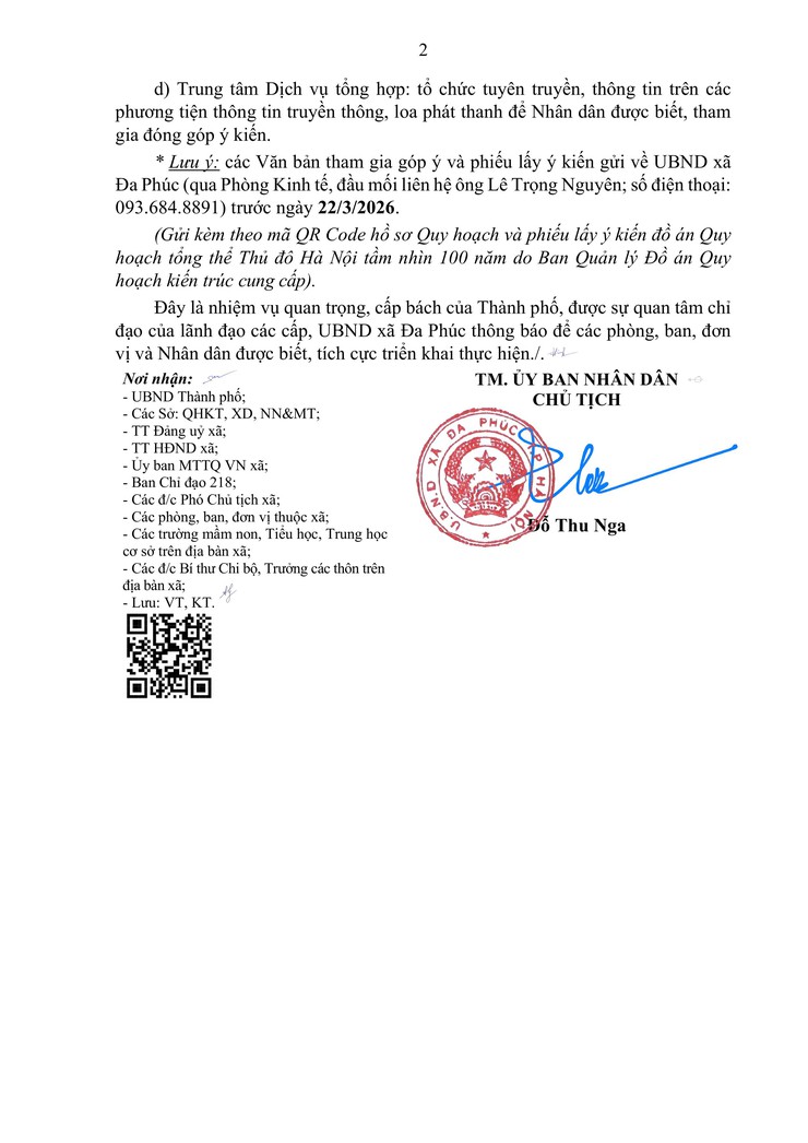 Thông báo lấy ý kiến cơ quan, tổ chức và cộng đồng dân cư trên địa bàn xã Đa Phúc đối với Quy hoạch tổng thể Thủ đô Hà Nội tầm nhìn 100 năm- Ảnh 2.