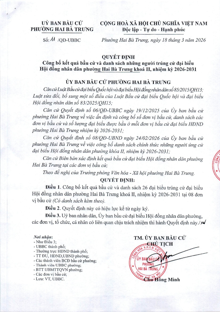 Phường Hai Bà Trưng: Tổ chức thành công Hội nghị công bố kết quả bầu cử và danh sách 26 đại biểu trúng cử Hội đồng nhân dân phường khóa II, nhiệm kỳ 2026 - 2031.- Ảnh 8.
