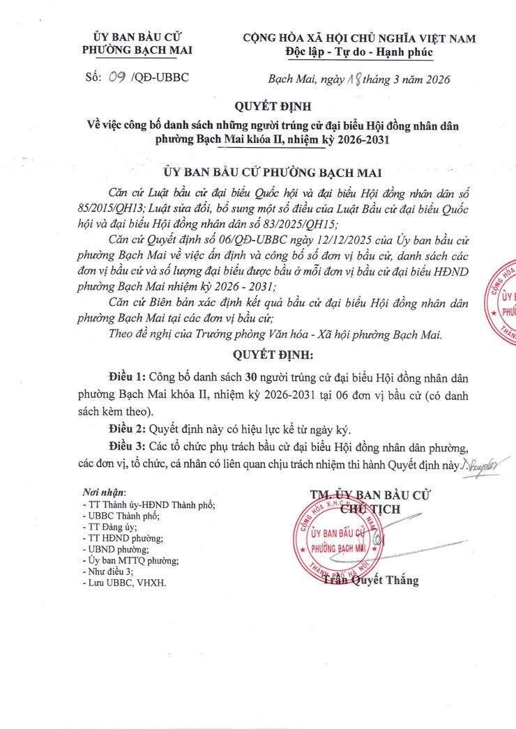 Quyết định số 09/QĐ-UBBC ngày 18/03/2026 của Ủy ban Bầu cử phường Bạch Mai về việc công bố danh sách những người trúng cử đại biểu Hội đồng nhân dân phường Bạch Mai khóa II, nhiệm kỳ 2026-2031- Ảnh 1.