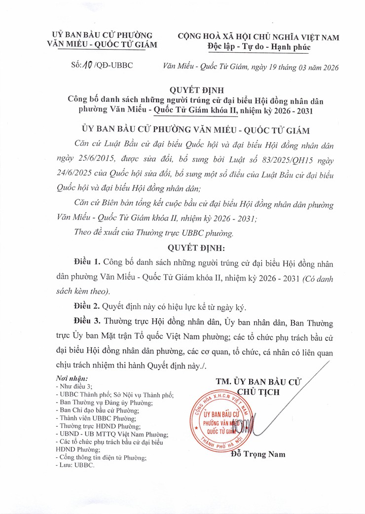 CÔNG BỐ KẾT QUẢ BẦU CỬ ĐẠI BIỂU HỘI ĐỒNG NHÂN DÂN PHƯỜNG VĂN MIẾU - QUỐC TỬ GIÁM KHÓA II, NHIỆM KỲ 2026 – 2031- Ảnh 5.