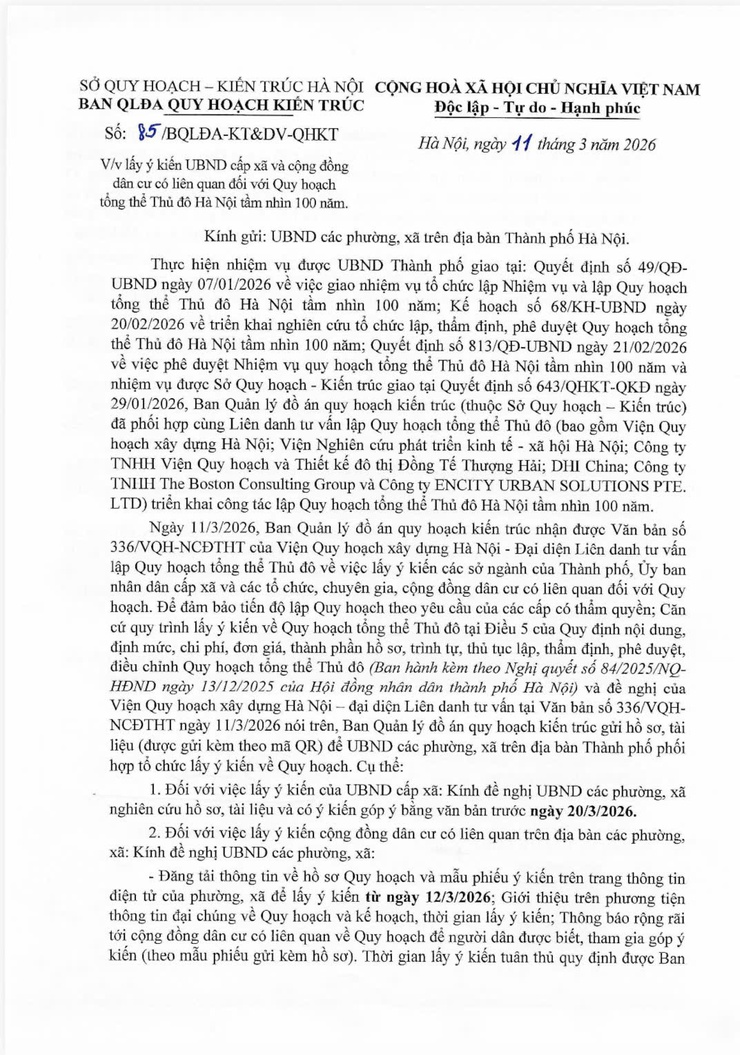 Công văn lấy ý kiến UBND cấp xã và cộng đồng dân cư có liên quan đối với quy hoạch tổng thể thủ đô Hà Nội tầm nhìn 100 năm- Ảnh 1.
