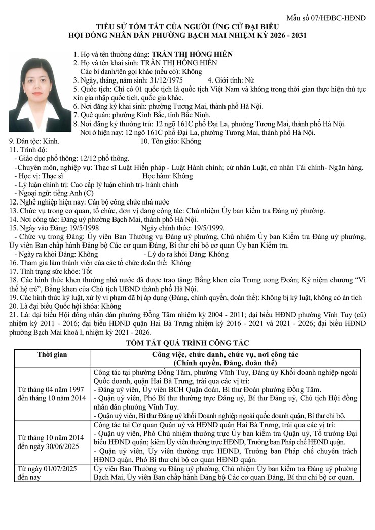 Niêm yết công khai danh sách chính thức và tiểu sử tóm tắt những người ứng cử Đại biểu HĐND phường Bạch Mai khóa II, Nhiệm kỳ 2026 - 2031, đơn vị bầu cử số 1- Ảnh 3.