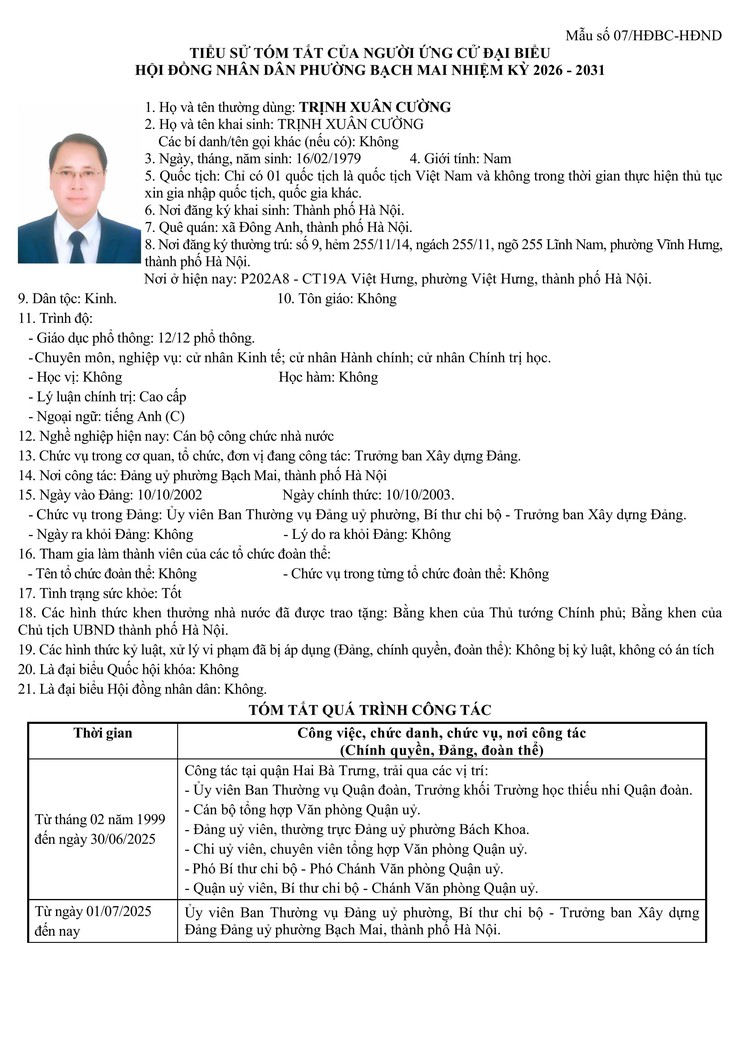 Niêm yết công khai danh sách chính thức và tiểu sử tóm tắt những người ứng cử Đại biểu HĐND phường Bạch Mai khóa II, Nhiệm kỳ 2026 - 2031, tại đơn vị bầu cử số 6- Ảnh 3.