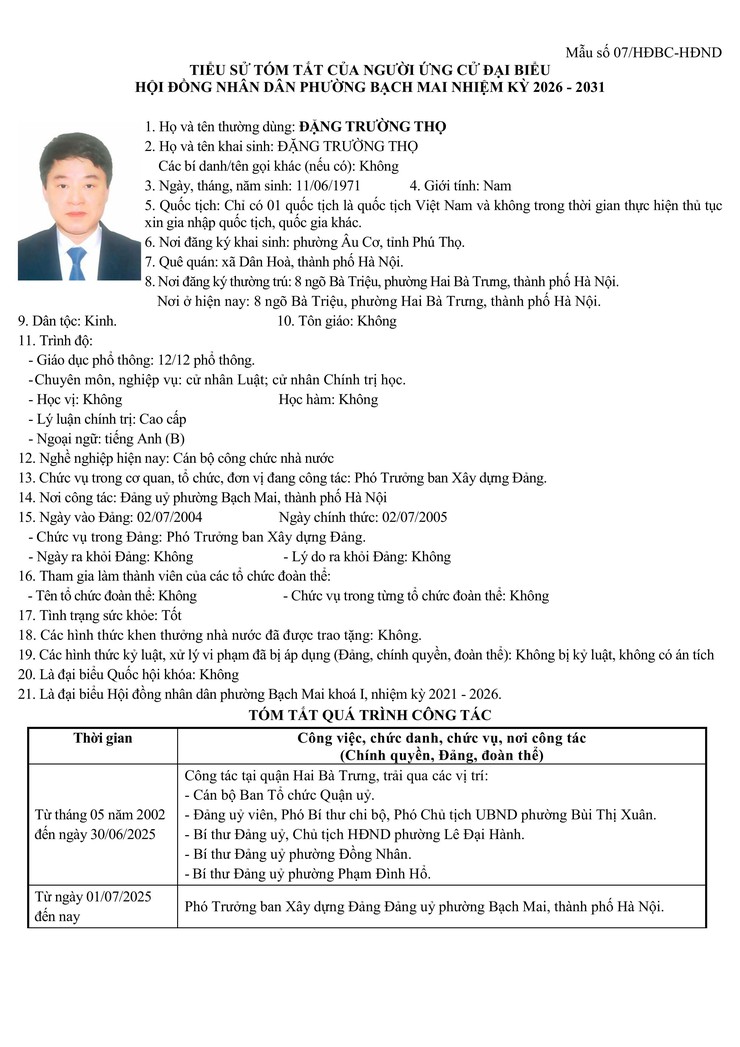 Niêm yết công khai danh sách chính thức và tiểu sử tóm tắt những người ứng cử Đại biểu HĐND phường Bạch Mai khóa II, Nhiệm kỳ 2026 - 2031, tại đơn vị bầu cử số 2- Ảnh 6.