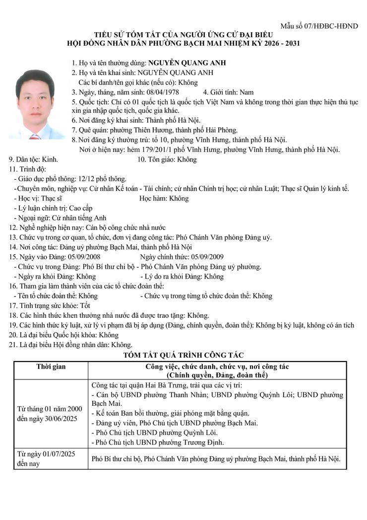 Niêm yết công khai danh sách chính thức và tiểu sử tóm tắt những người ứng cử Đại biểu HĐND phường Bạch Mai khóa II, Nhiệm kỳ 2026 - 2031, tại đơn vị bầu cử số 4- Ảnh 3.