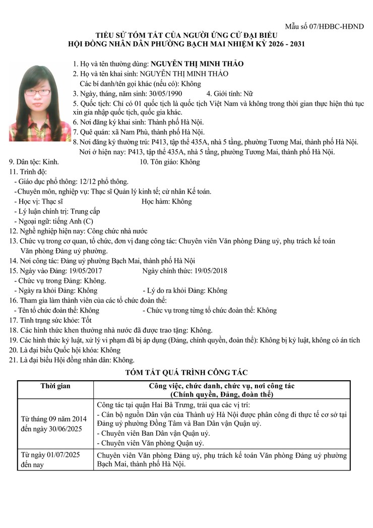 Niêm yết công khai danh sách chính thức và tiểu sử tóm tắt những người ứng cử Đại biểu HĐND phường Bạch Mai khóa II, Nhiệm kỳ 2026 - 2031, tại đơn vị bầu cử số 5- Ảnh 8.