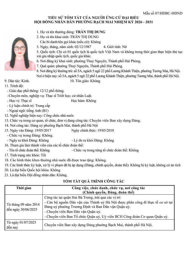 Niêm yết công khai danh sách chính thức và tiểu sử tóm tắt những người ứng cử Đại biểu HĐND phường Bạch Mai khóa II, Nhiệm kỳ 2026 - 2031, tại đơn vị bầu cử số 4- Ảnh 4.