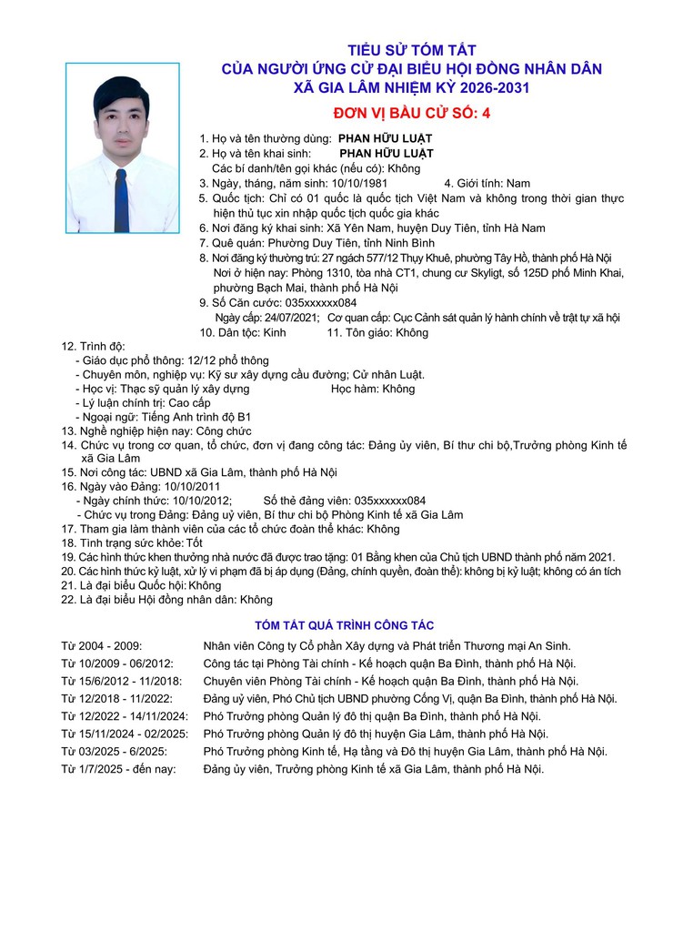 Tiểu sử những người ứng cử đại biểu HĐND xã Gia Lâm, nhiệm kỳ 2026-2031, đơn vị bầu cử số 4- Ảnh 4.
