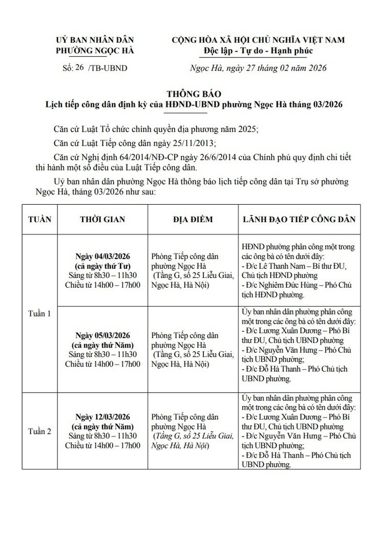 Lịch tiếp công dân định kỳ của HĐND-UBND phường Ngọc Hà tháng 3/2026- Ảnh 1.