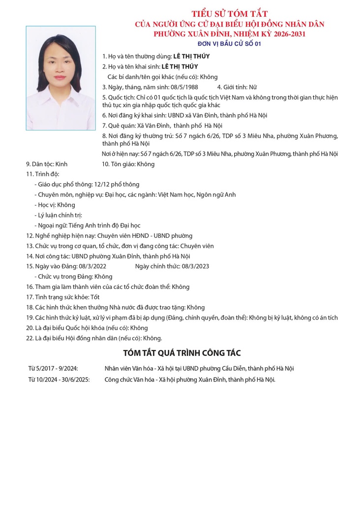 GIỚI THIỆU TIỂU SỬ ỨNG CỬ VIÊN ĐẠI BIỂU HĐND PHƯỜNG XUÂN ĐỈNH TẠI ĐƠN VỊ BẦU CỬ SỐ 1- Ảnh 6.