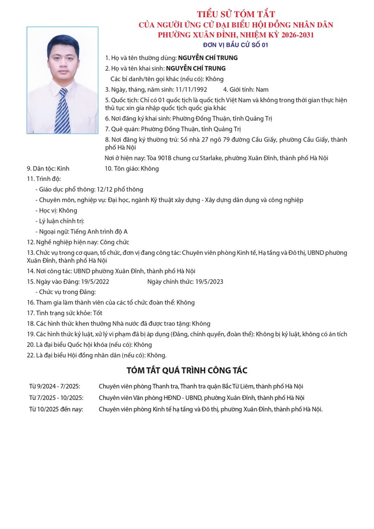 GIỚI THIỆU TIỂU SỬ ỨNG CỬ VIÊN ĐẠI BIỂU HĐND PHƯỜNG XUÂN ĐỈNH TẠI ĐƠN VỊ BẦU CỬ SỐ 1- Ảnh 7.