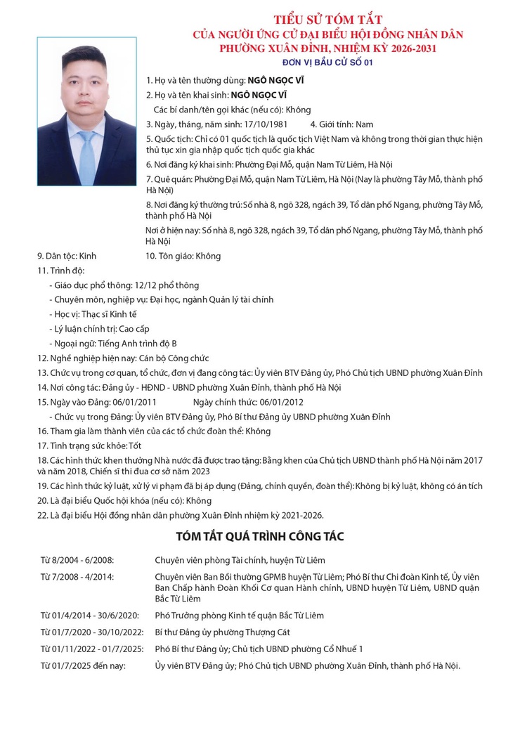 GIỚI THIỆU TIỂU SỬ ỨNG CỬ VIÊN ĐẠI BIỂU HĐND PHƯỜNG XUÂN ĐỈNH TẠI ĐƠN VỊ BẦU CỬ SỐ 1- Ảnh 8.