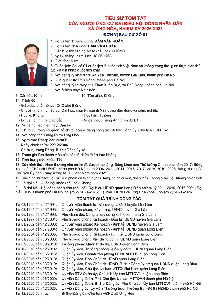  TÓM TẮT QUÁ TRÌNH CÔNG TÁC VÀ CHƯƠNG TRÌNH HÀNH ĐỘNG CỦA ĐỒNG CHÍ ĐÀM VĂN HUÂN - BÍ THƯ ĐẢNG UỶ, CHỦ TỊCH HĐND XÃ ỨNG HOÀ.- Ảnh 1.
