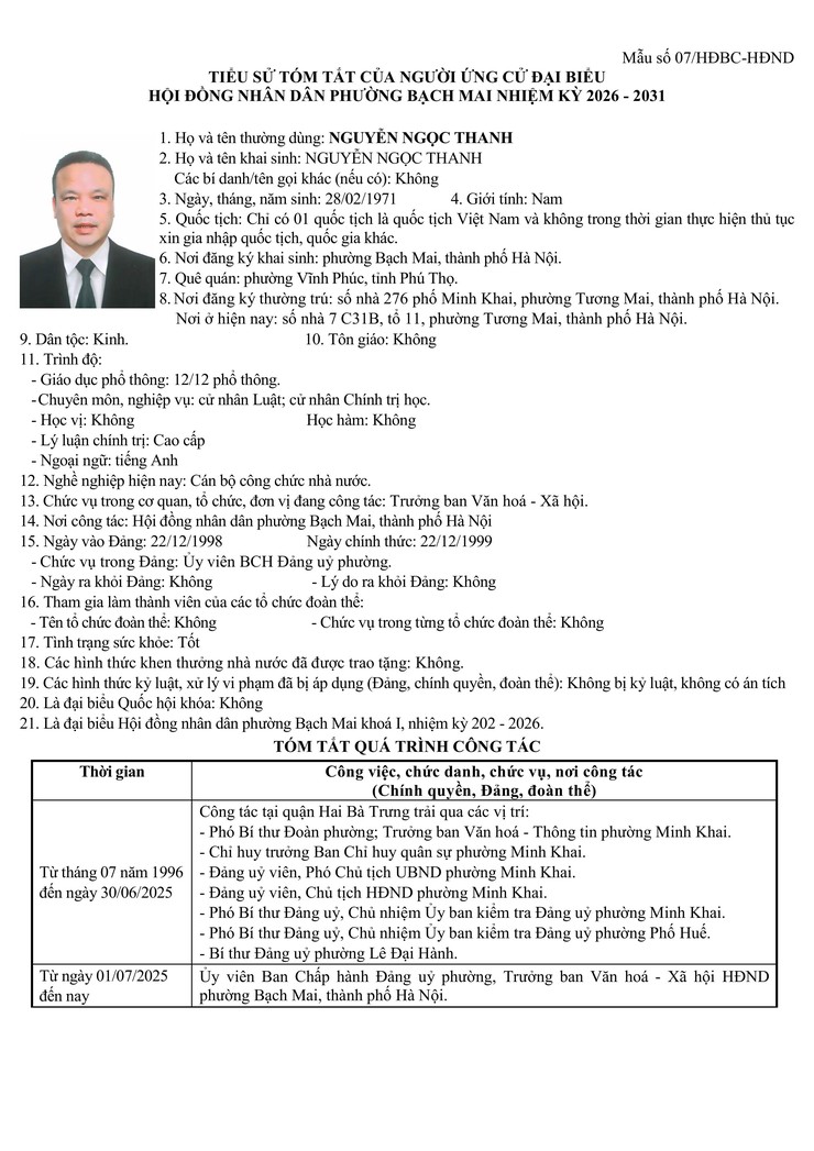 Niêm yết công khai danh sách chính thức và tiểu sử tóm tắt những người ứng cử Đại biểu HĐND phường Bạch Mai khóa II, Nhiệm kỳ 2026 - 2031, đơn vị bầu cử số 1- Ảnh 8.