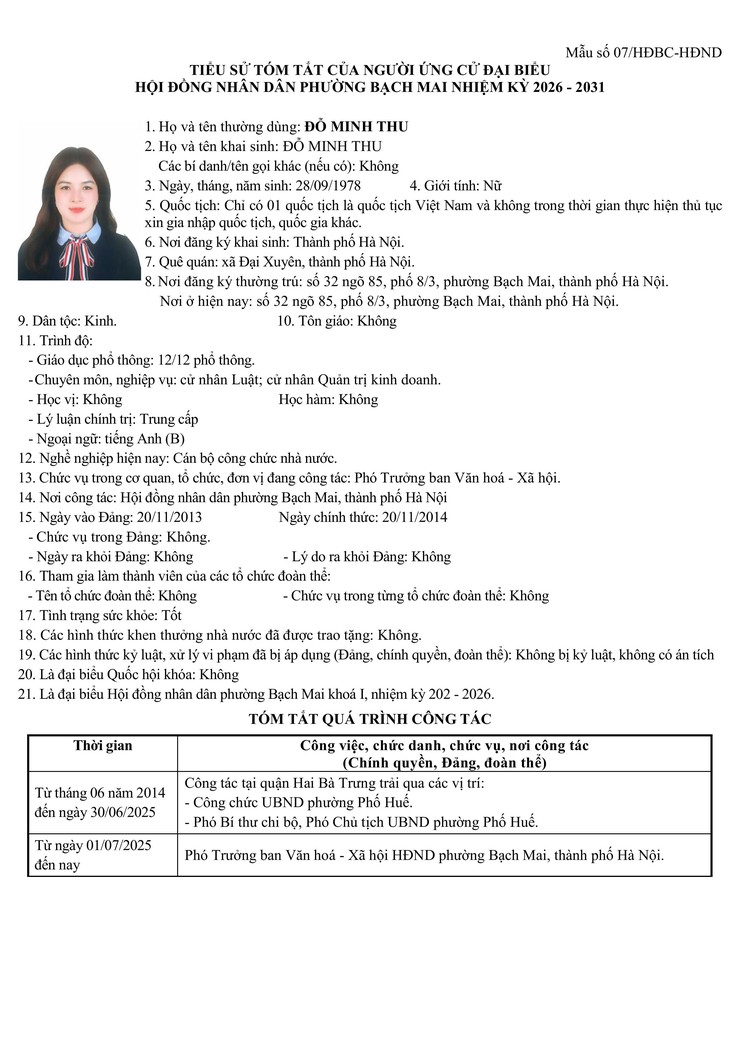 Niêm yết công khai danh sách chính thức và tiểu sử tóm tắt những người ứng cử Đại biểu HĐND phường Bạch Mai khóa II, Nhiệm kỳ 2026 - 2031, tại đơn vị bầu cử số 2- Ảnh 8.